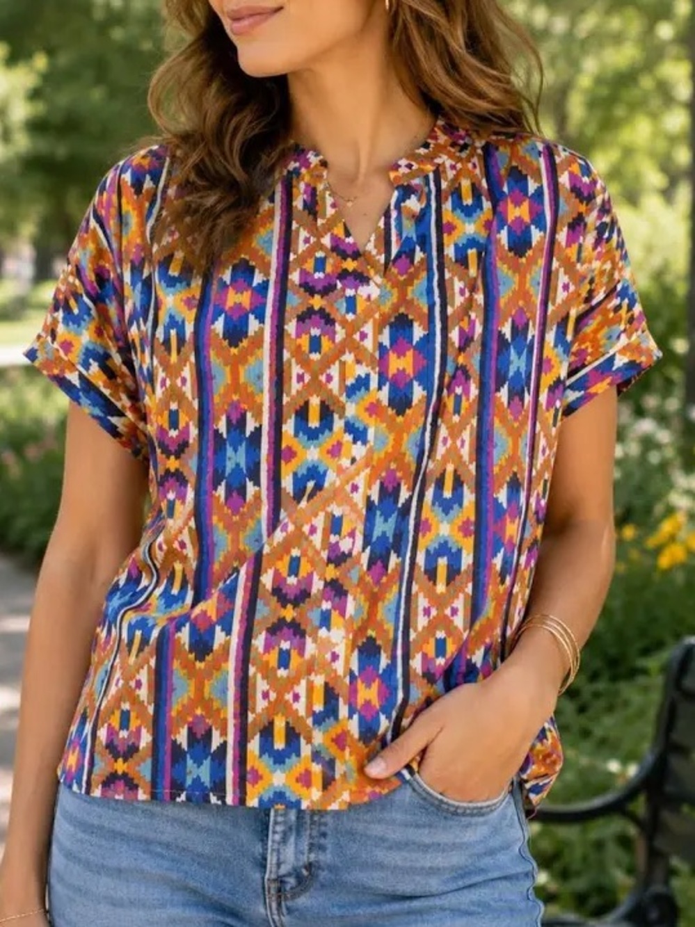Elizabeth James The Label Geometric Print Button-Down Short Sleeve Blouse